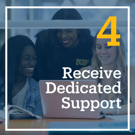 This is a group of students studying together in the Library. The embedded text emphasizes, "Receive Dedicated Support." This is flashcard image 4 out of 10.