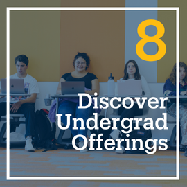 This is a photo of students in an orange-colored classroom. The embedded text emphasizes, "Discover Undergrad Offerings." This is flashcard image 8 out of 10.