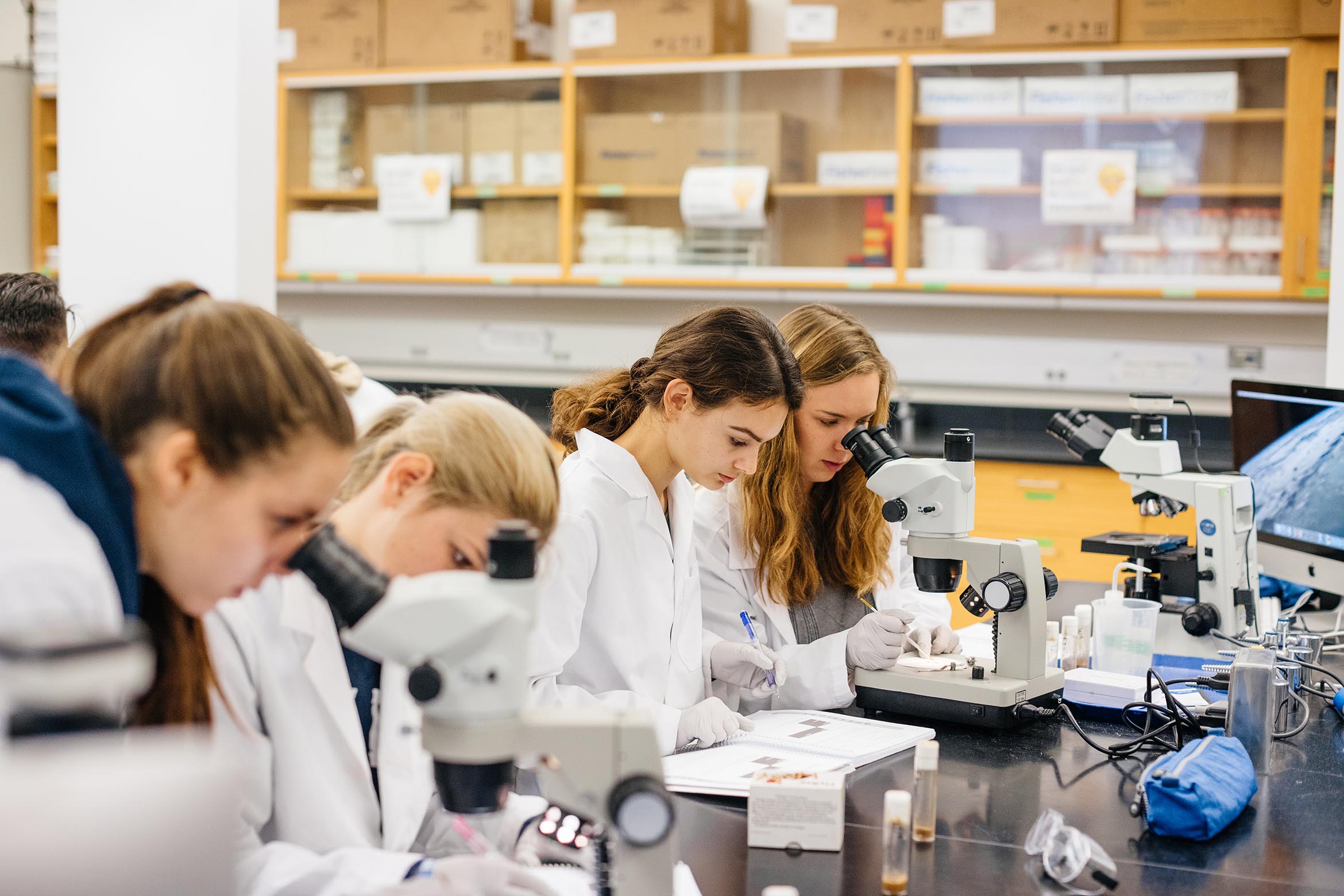 This is several students in a science lab.